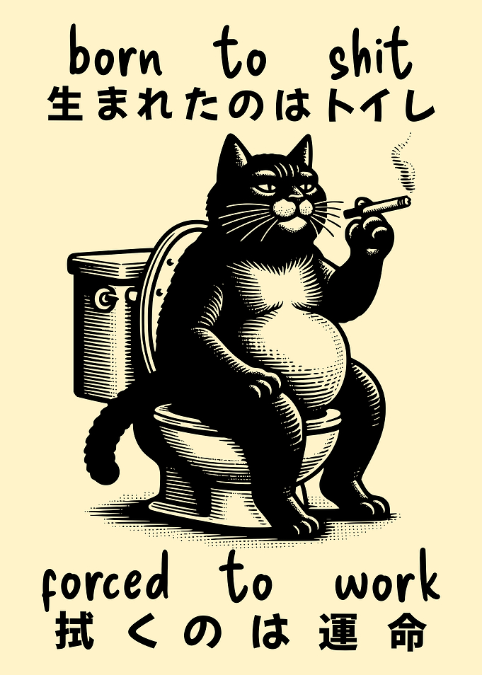 'Born to Shit, Forced to Work' Black Cat on Toilet