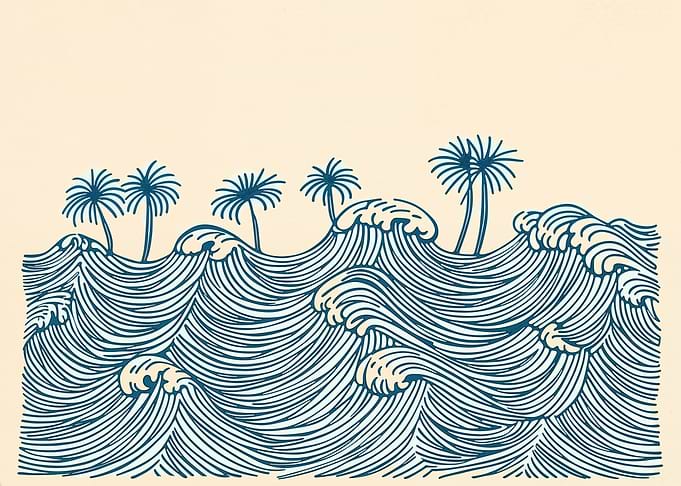 Palm Trees and Waves Linocut