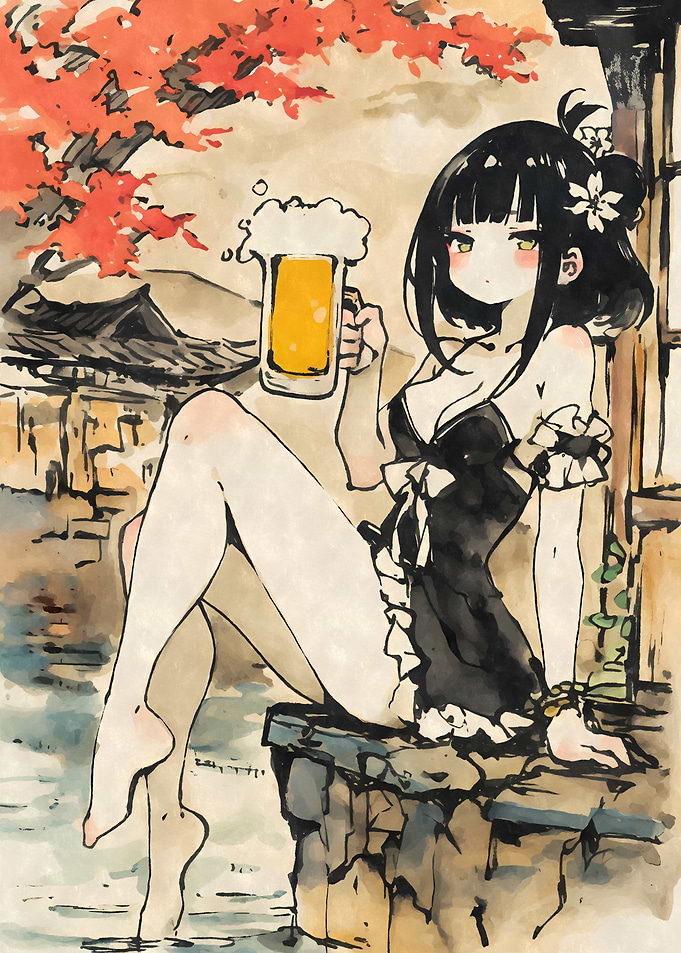 Anime Girl with Beer Sumi-e