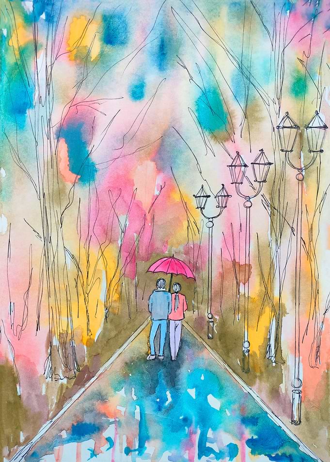Couple Walking Under Umbrella