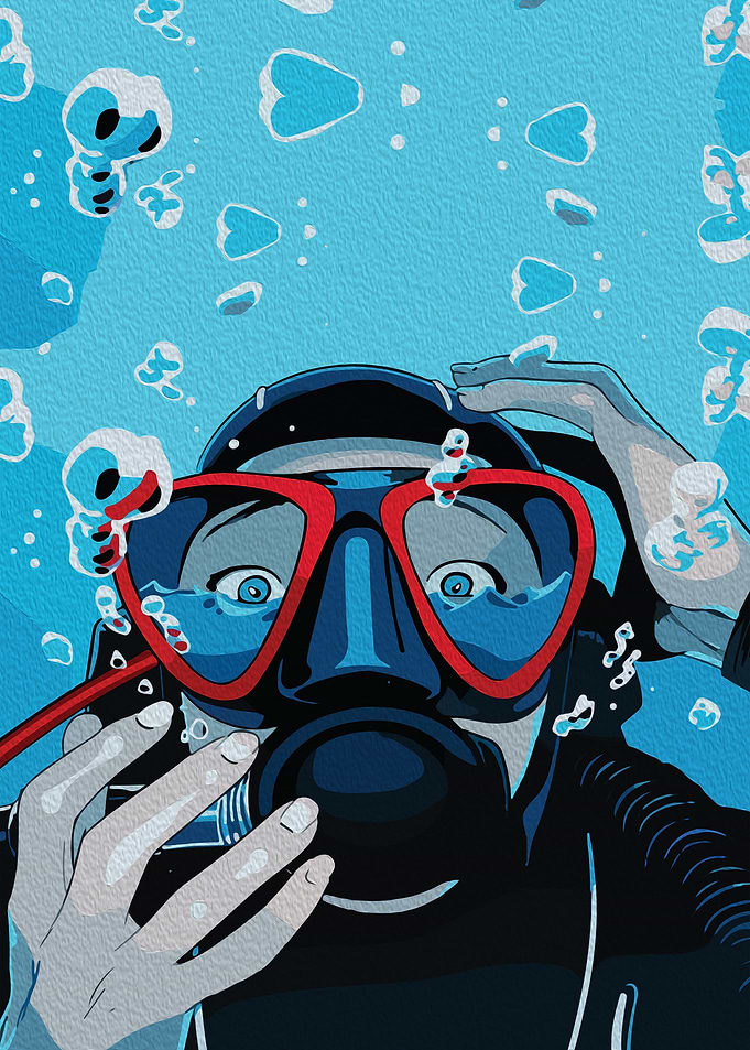 Diver with Heart-Shaped Goggles