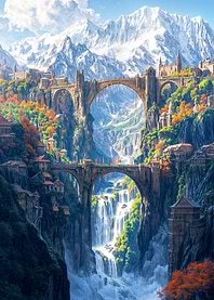 Fantasy Cityscape with Waterfall
