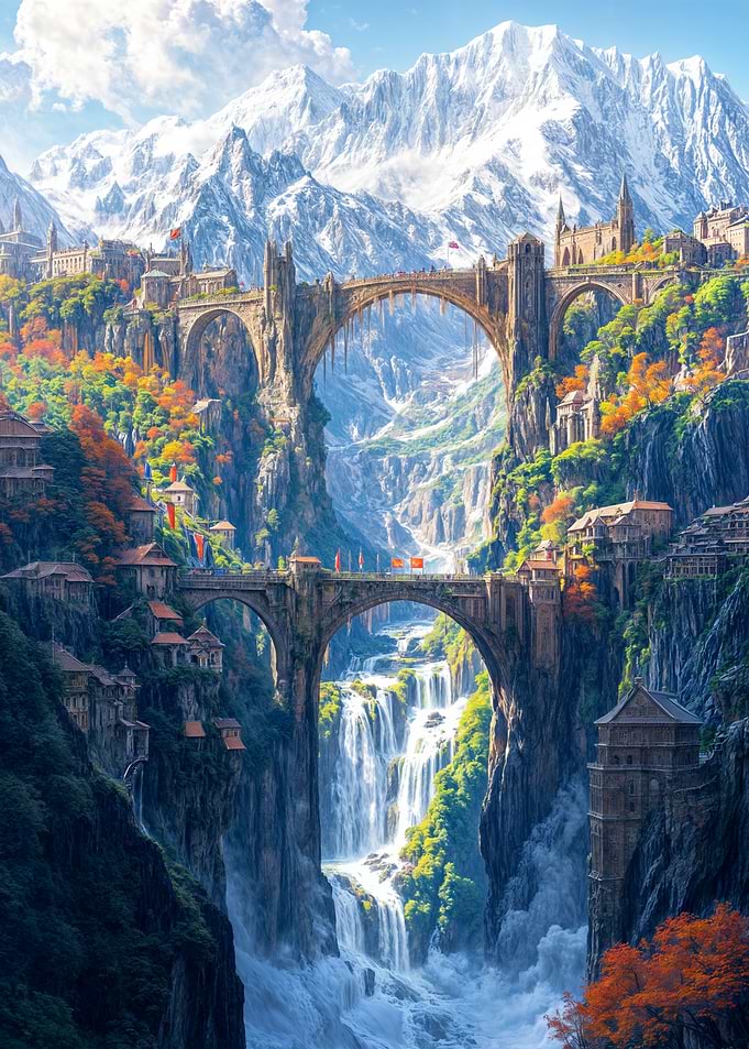 Fantasy Cityscape with Waterfall
