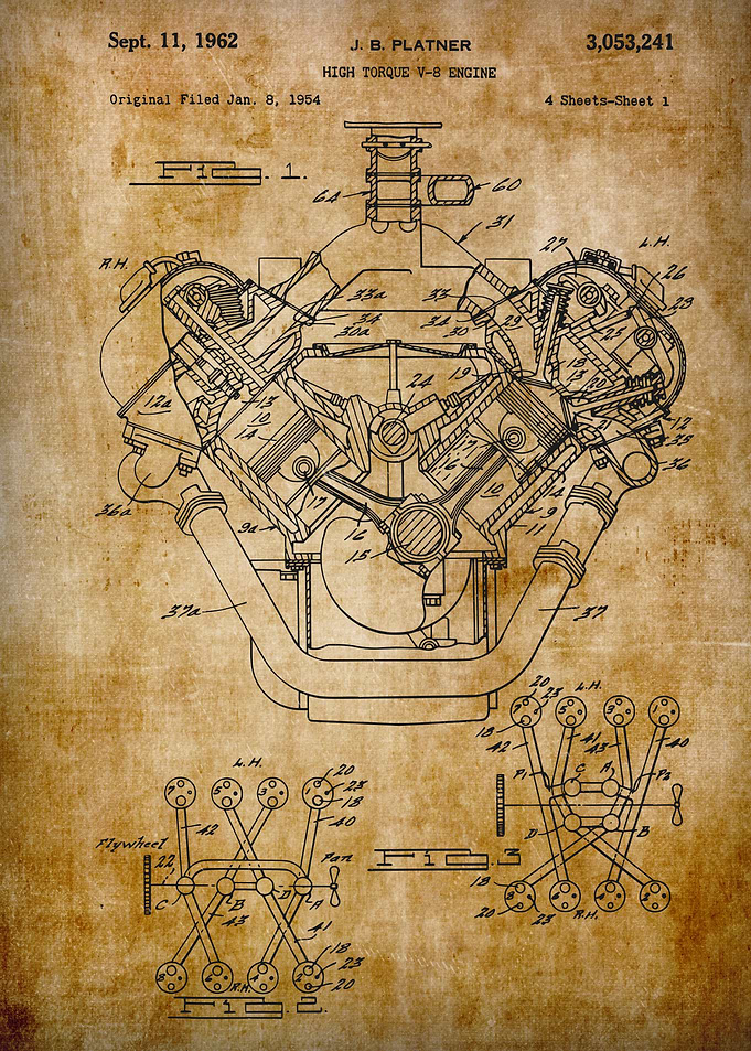 Patent V8 Engine Poster Print Muscle Car Art Hemispherical Engine shet 1