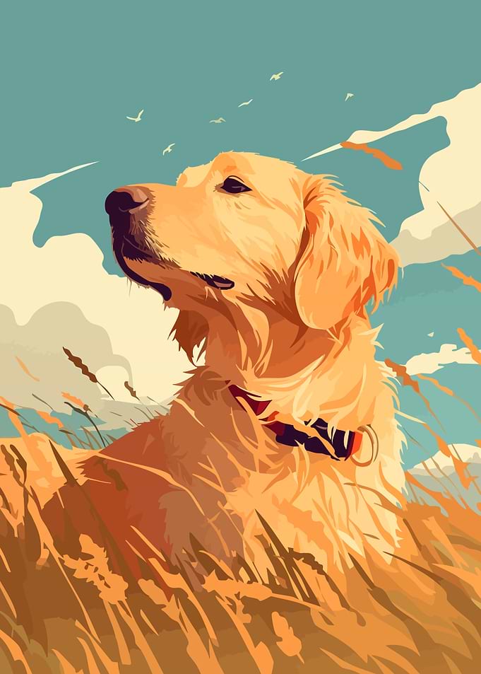 Beautiful Calm Golden Retriever in Field Minimalist Illustration