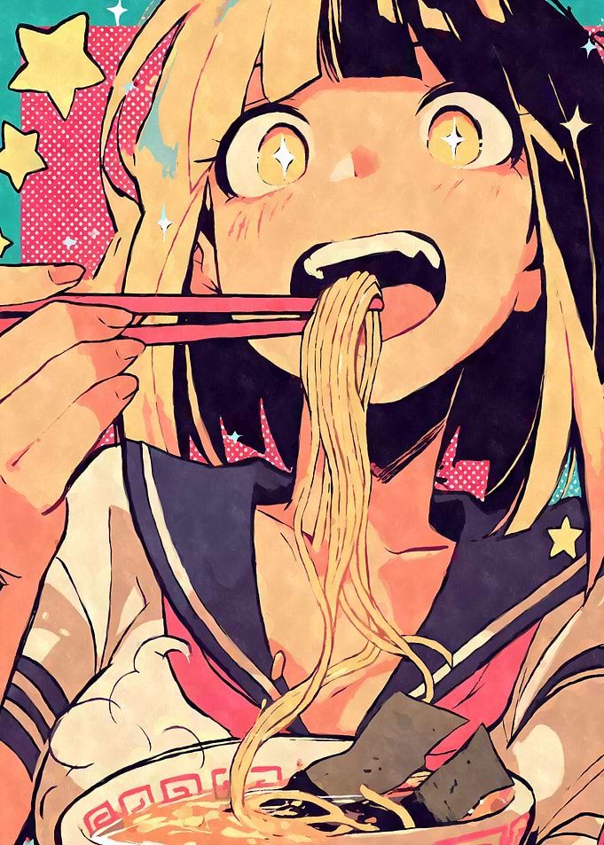 Happy Anime Girl Eating Ramen