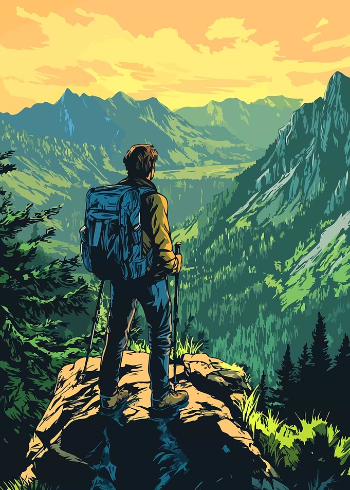 Inspirational Hiker on Mountain Peak Minimalist Art