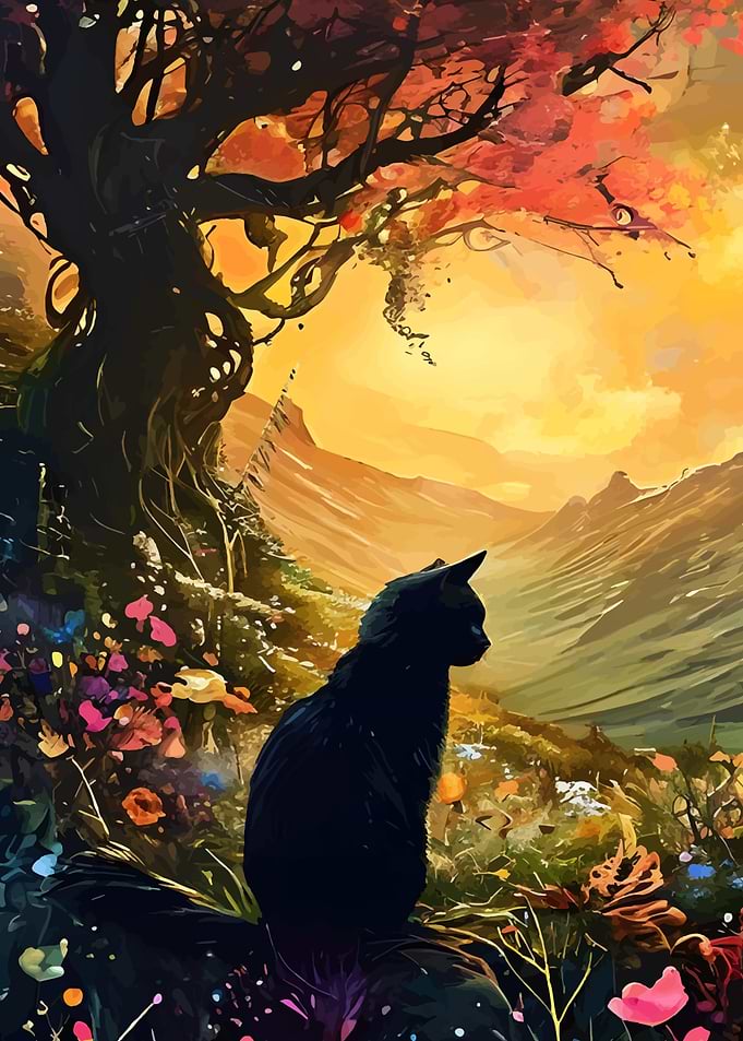 Black Cat in a Fantasy Landscape