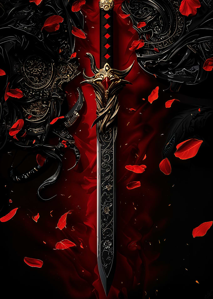 Ornate Black Sword with Red Petals