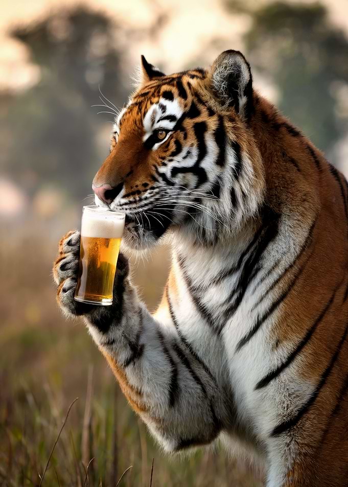 Tiger Sipping A Beer