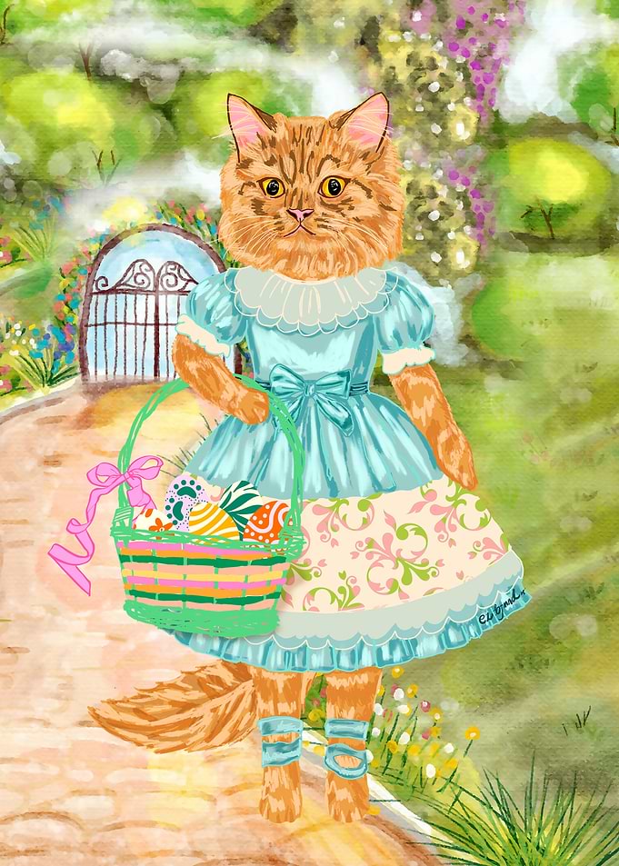 Magical Easter Cat Watercolor Illustration