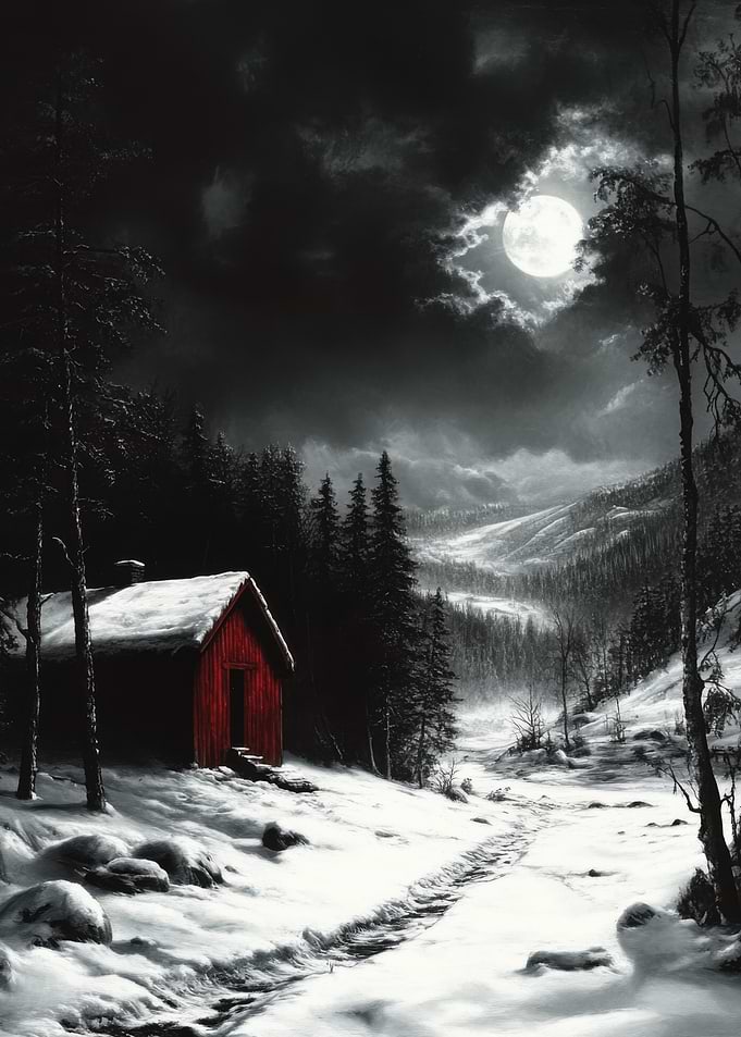 Snowy Cabin Under Moonlight