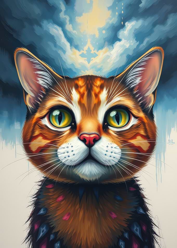 Abstract painting of a cat, cloudy background