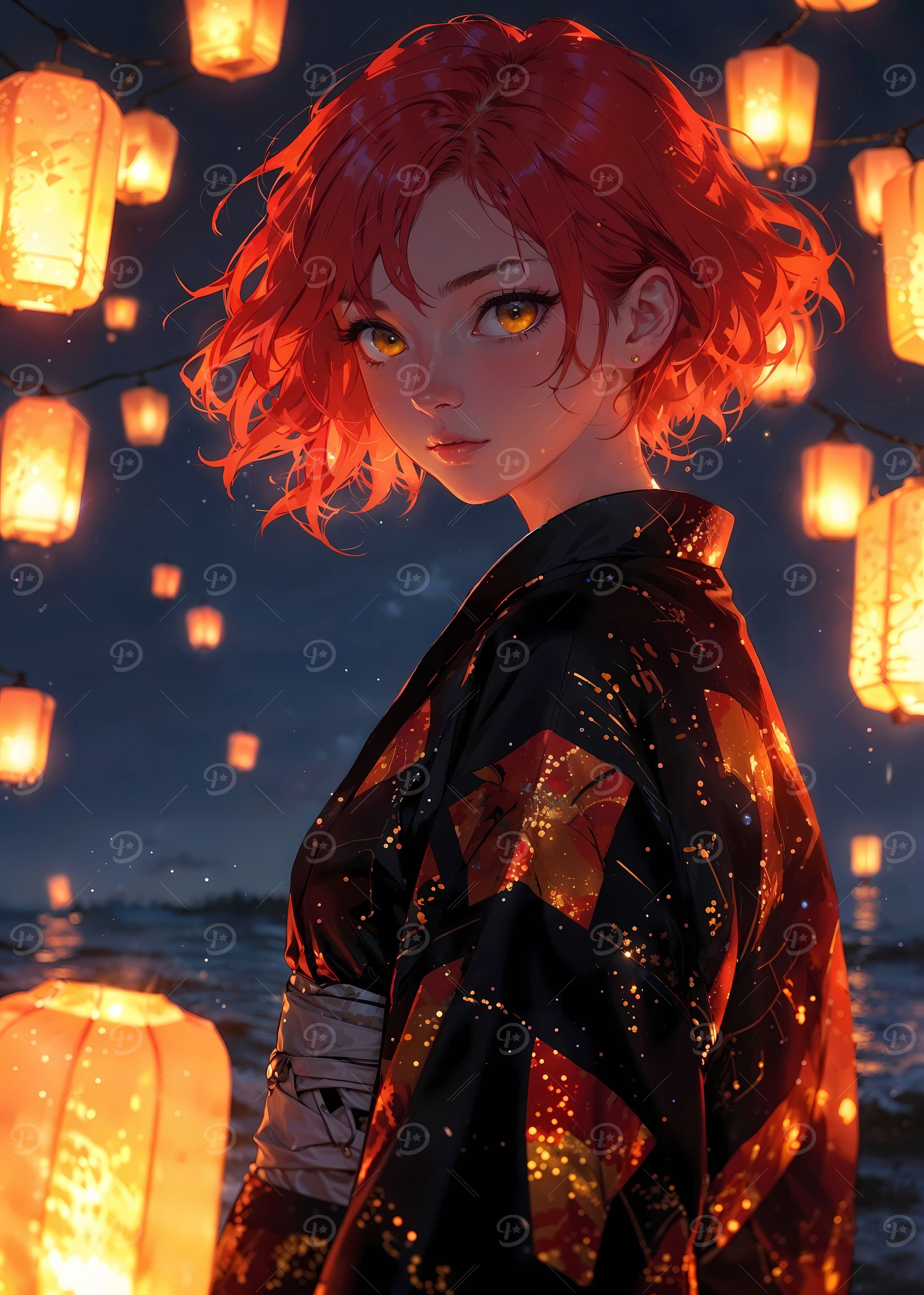 Lantern Festival - Anime Girl in Traditional Night Glow
