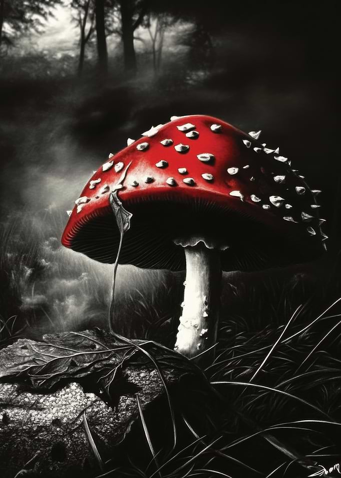 Red Mushroom in Foggy Forest
