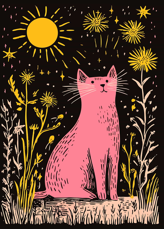 Cute Pink Cat Under the Stars Minimalist Illustration