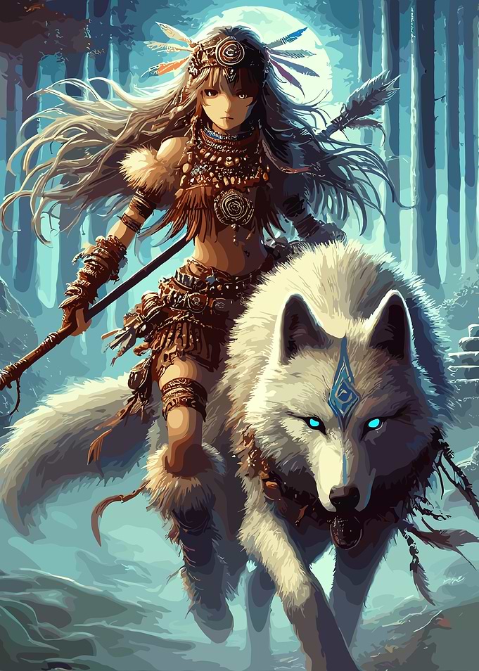 Anime Warrior and Wolf
