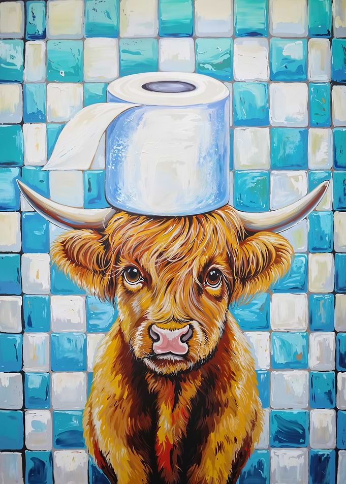 Highland Cow with Toilet Paper Hat