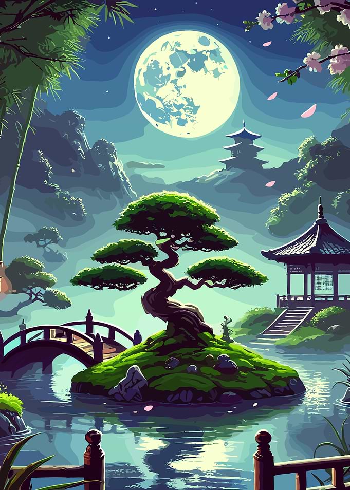Japanese Zen Bonsai Garden Moonlit