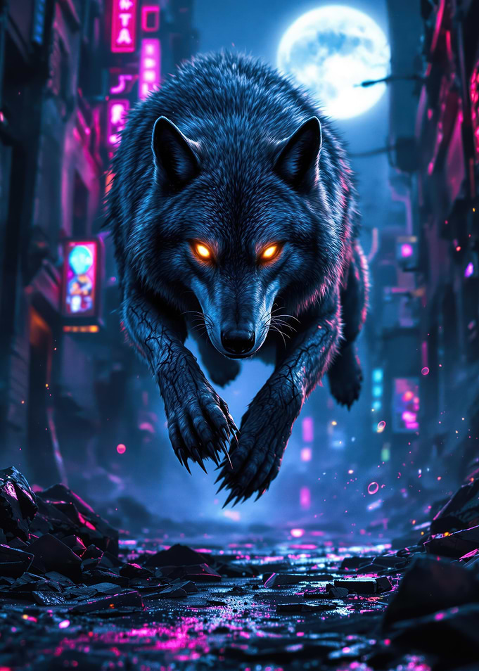 Neon Howl – Cyberpunk Wolf in Futuristic City