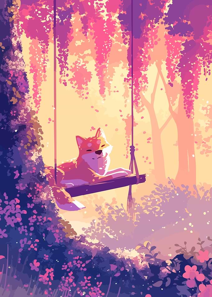 Cute Fox on Swing Fantasy Forest Minimalist Art