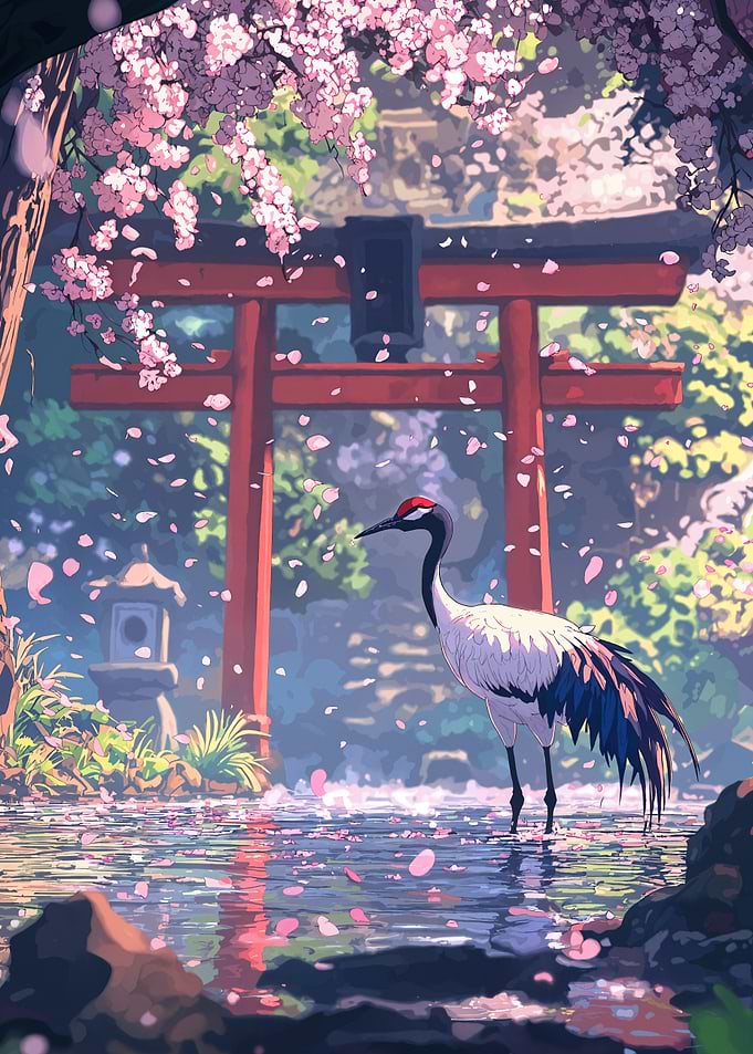 Crane in Cherry Blossom Garden