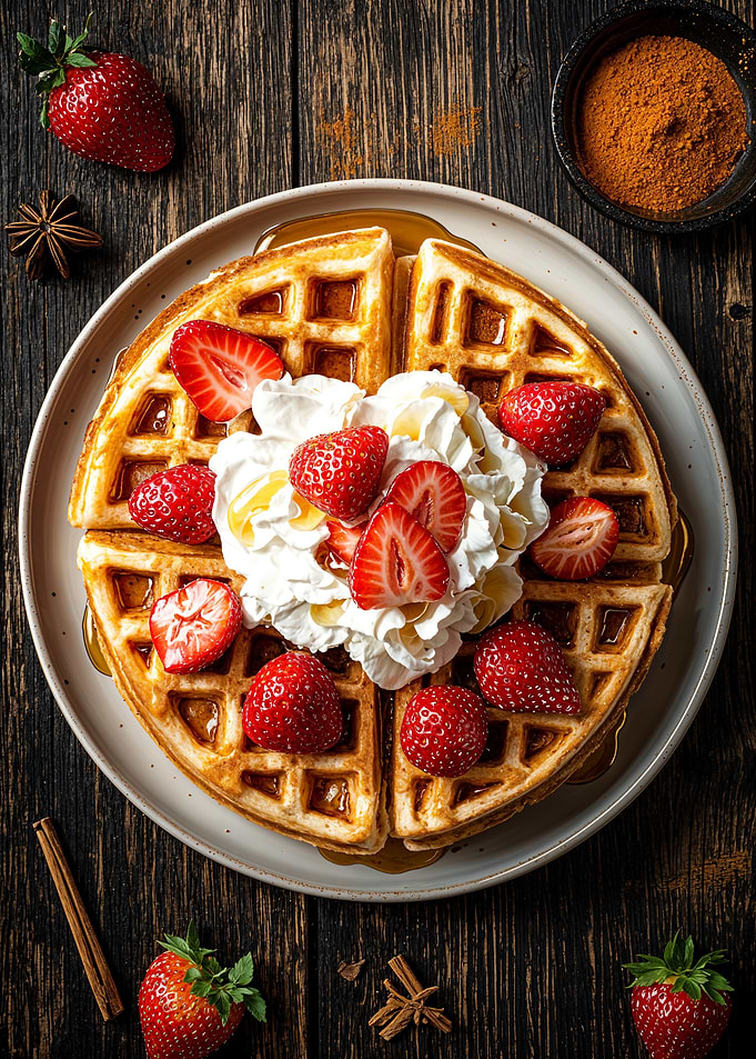 Waffles with Strawberries and Whipped Cream