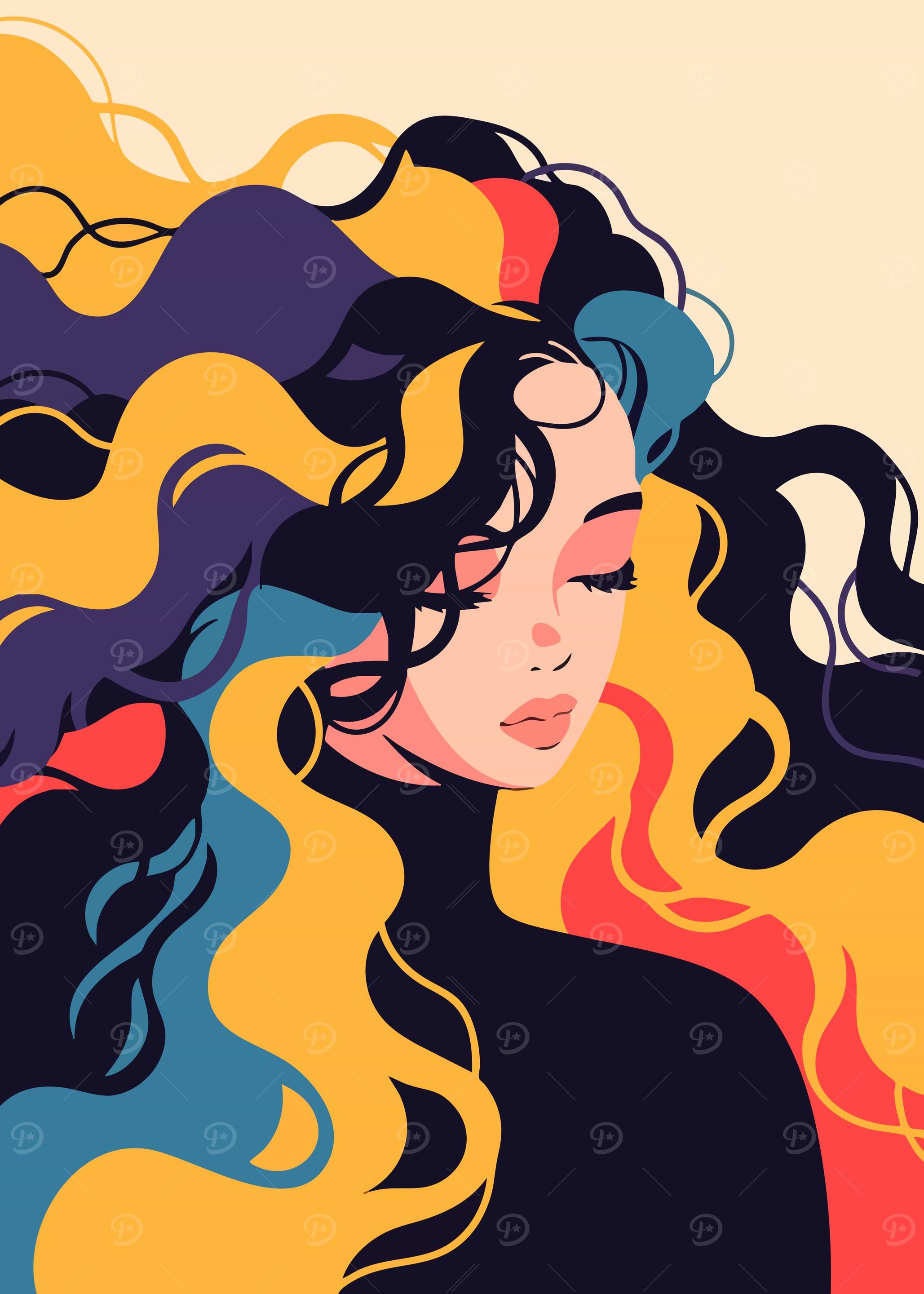 Woman Colorful Hair Minimalist Art
