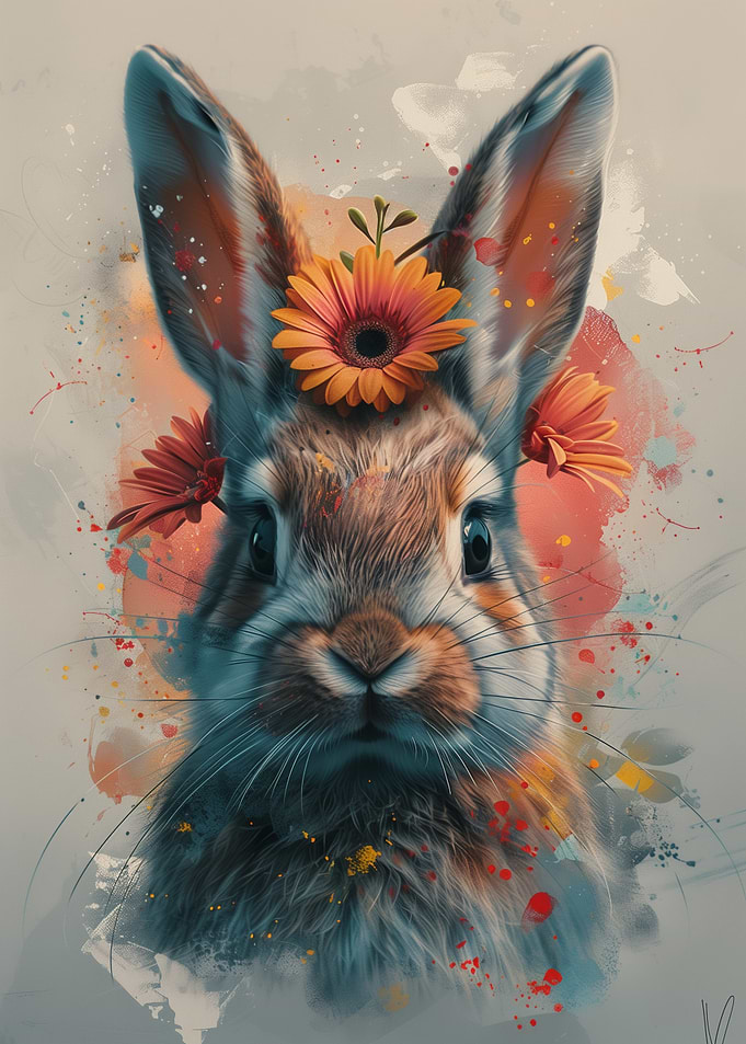 Bunny with Flowers Friendly Animal Portrait with Floral Wreath Crown