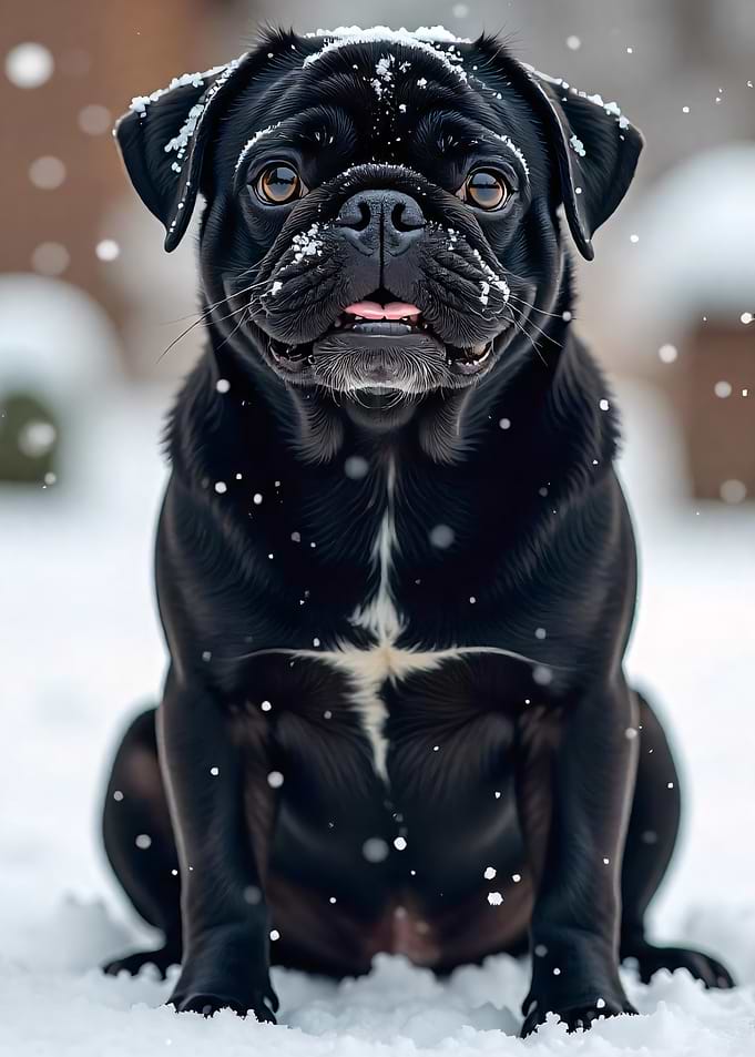 Cute Black Pug in the Snow