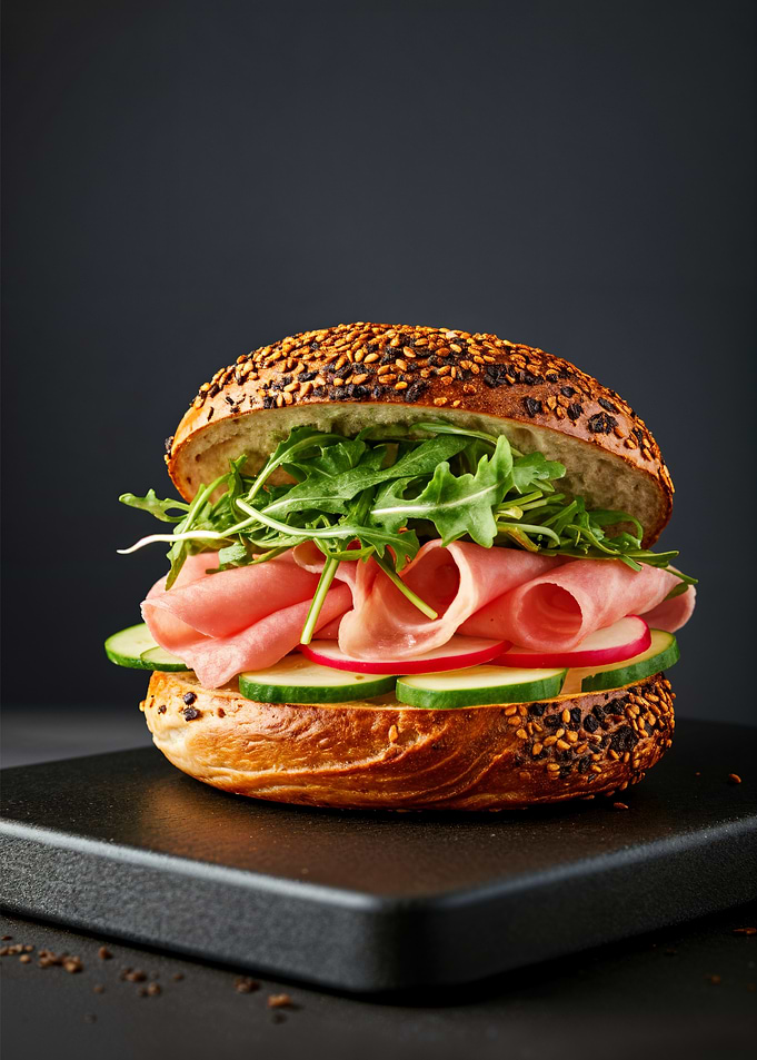 Ham and Cucumber Bagel Sandwich