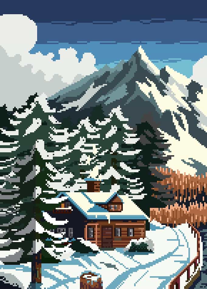 Snowy Cabin in Mountains pixel art