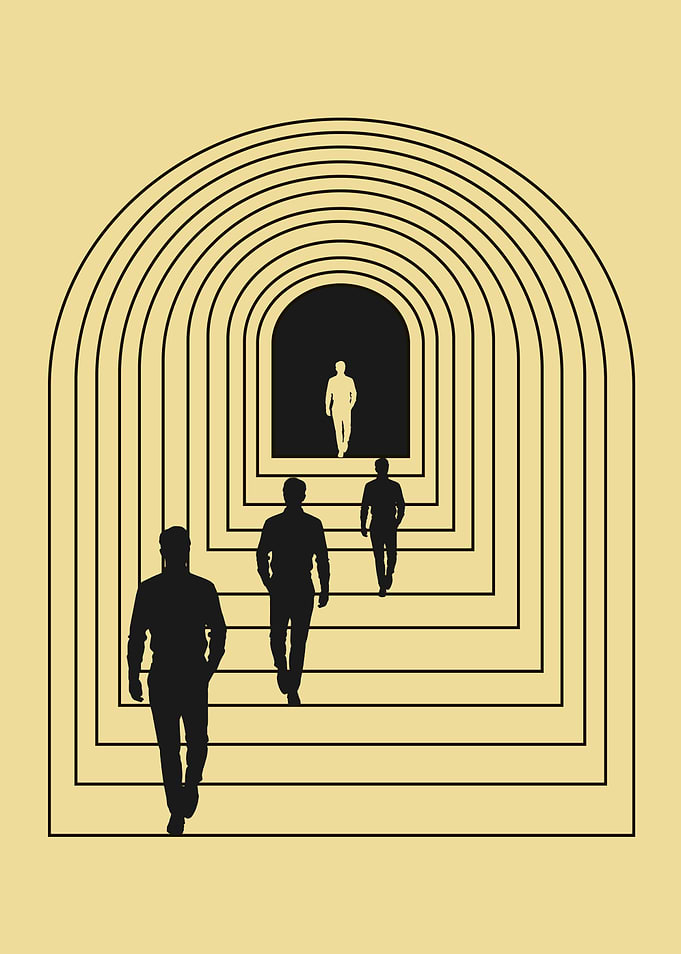 Silhouettes Walking Through Arches