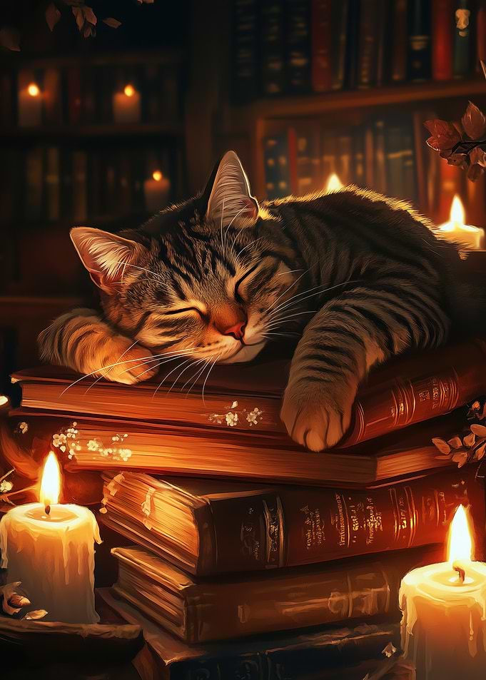 Sleeping Cat on Books
