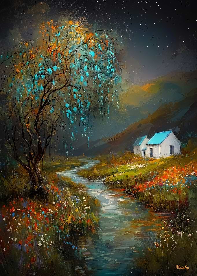 Starry River Cottage - Dreamlike Countryside Art - Serene Nature Landscape