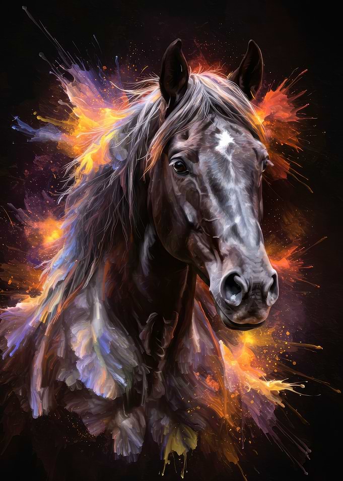 Black Horse with Colorful Splashes