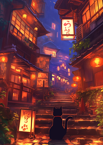 The cat who walks through the stairway of lights and mystery