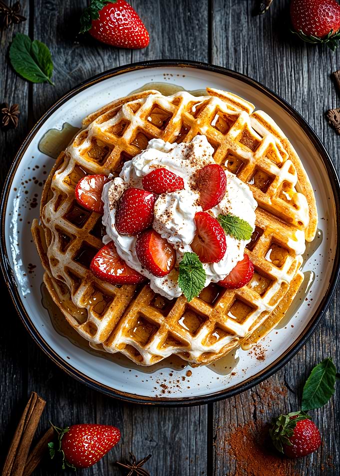 Waffle with Whipped Cream and Strawberries