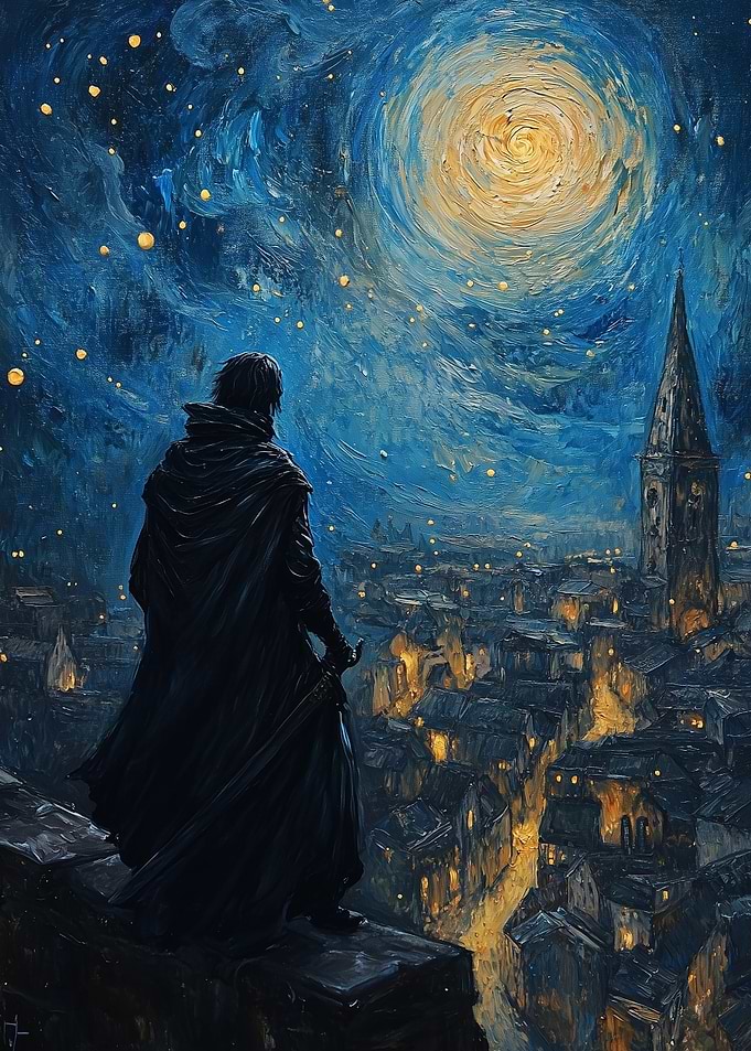 Nighttime Cityscape with Figure