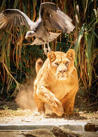 Lioness chasing a Vulture.