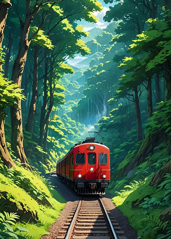 Train Through Lush Forest
