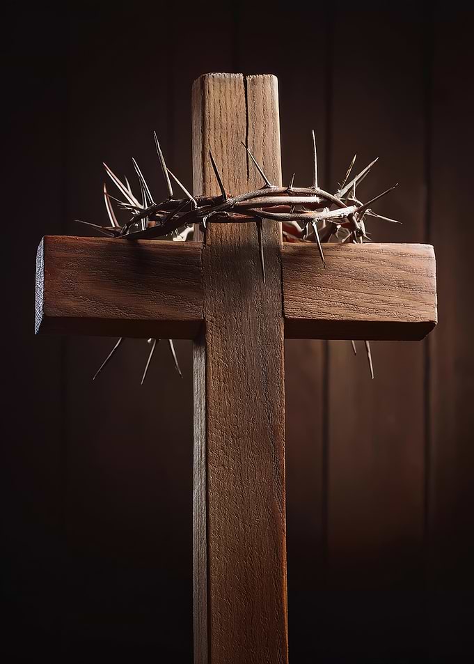 Wooden Cross with Crown of Thorns