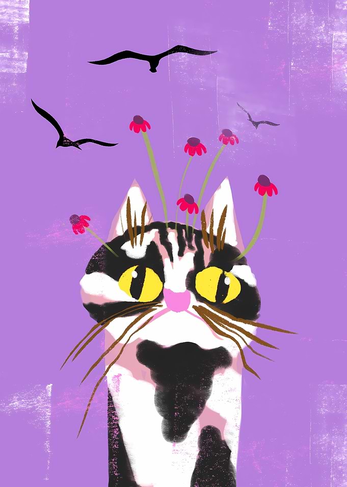 Curious Cat with Birds and Flowers