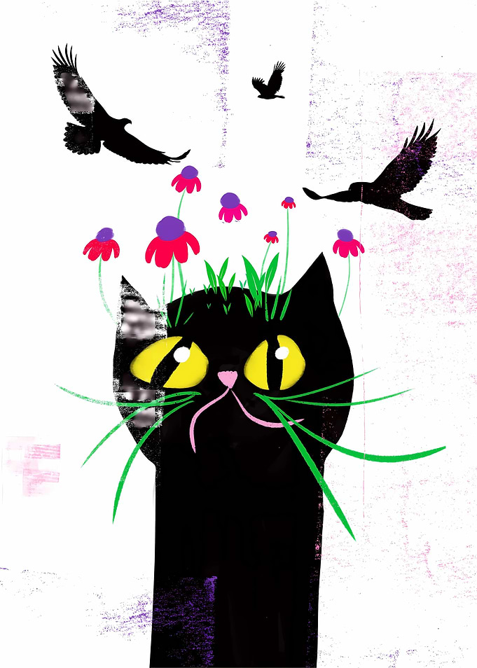 Mystical Black Cat with Flowers