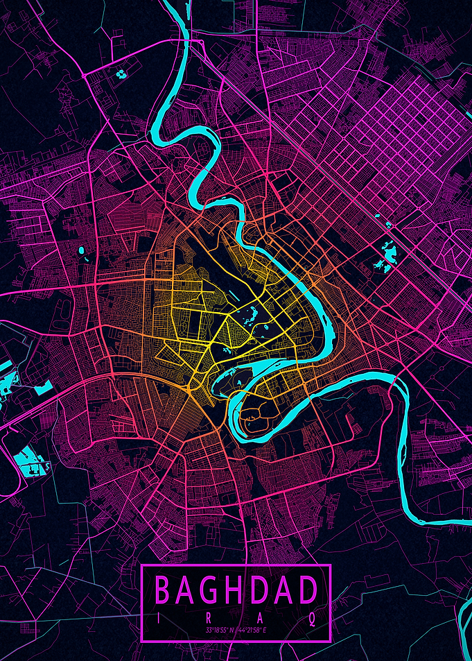Baghdad City Map Iraq Neon