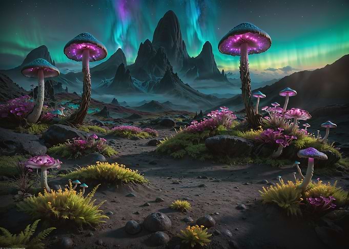 Glowing Mushrooms in Fantasy Landscape