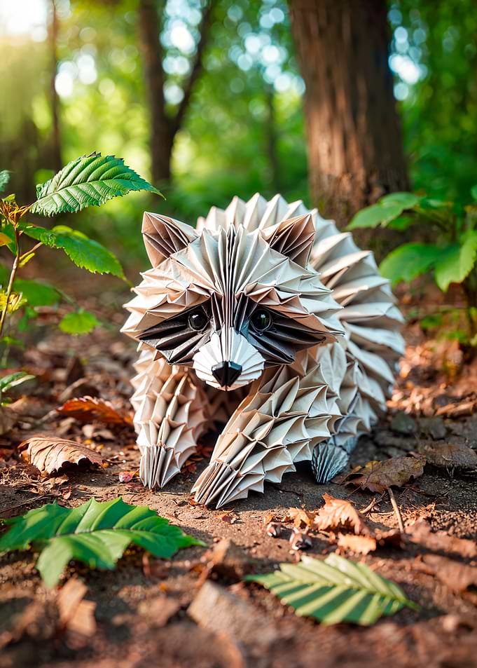 Origami Raccoon in Forest