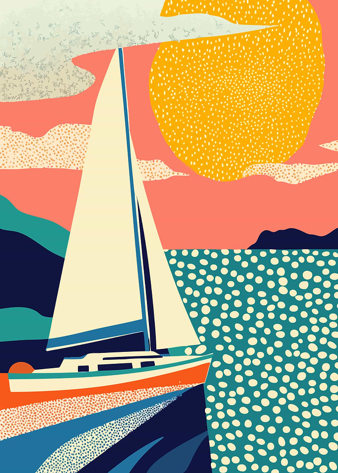 Sailboat Ocean Sunset Abstract Minimalist Art Illustration