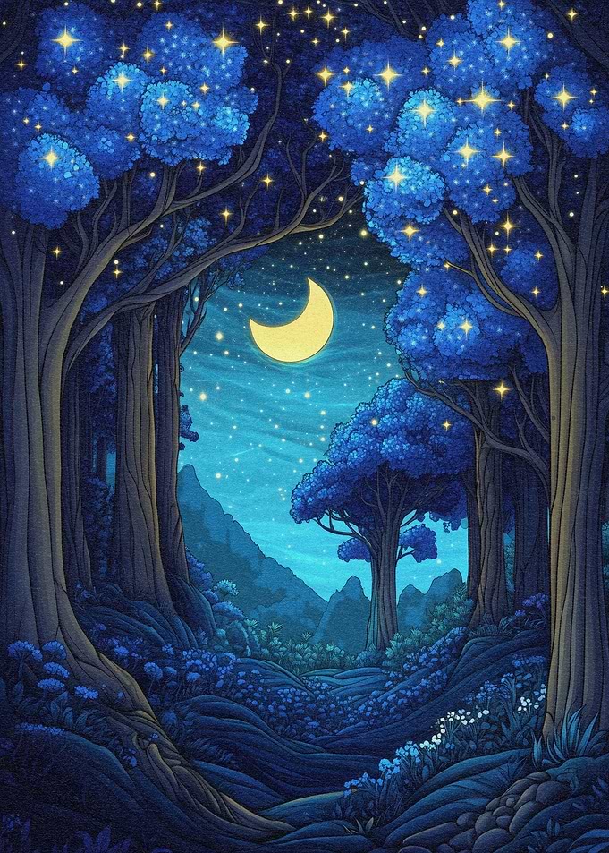 Night Forest with Crescent Moon