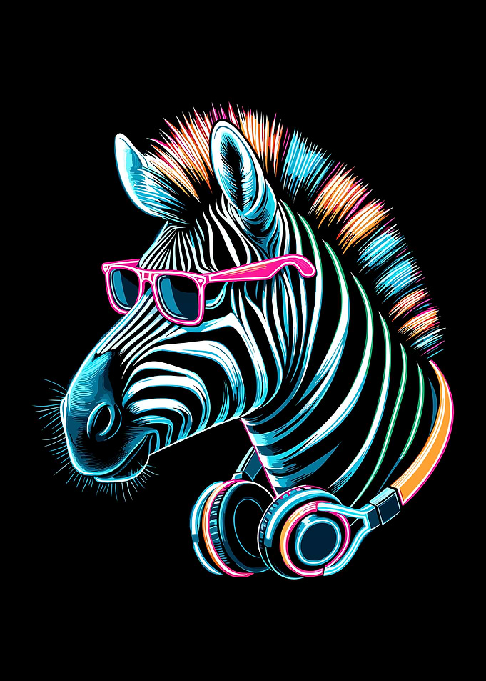 Neon Zebra with Headphones